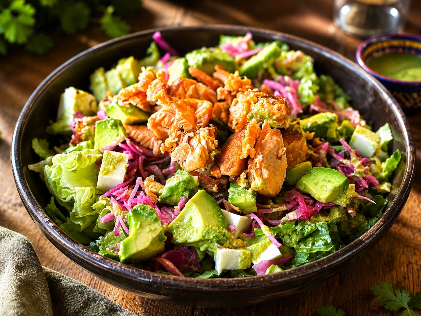 Abuela’s salad topped with grilled salmon, avocado, pickled cabbage and queso fresco.