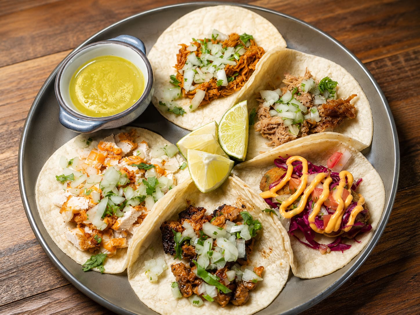 A platter of five tacos — al pastor, carnitas, chicken, carne asada and a crisp vegetarian one — with lime wedges and a pot of green salsa.