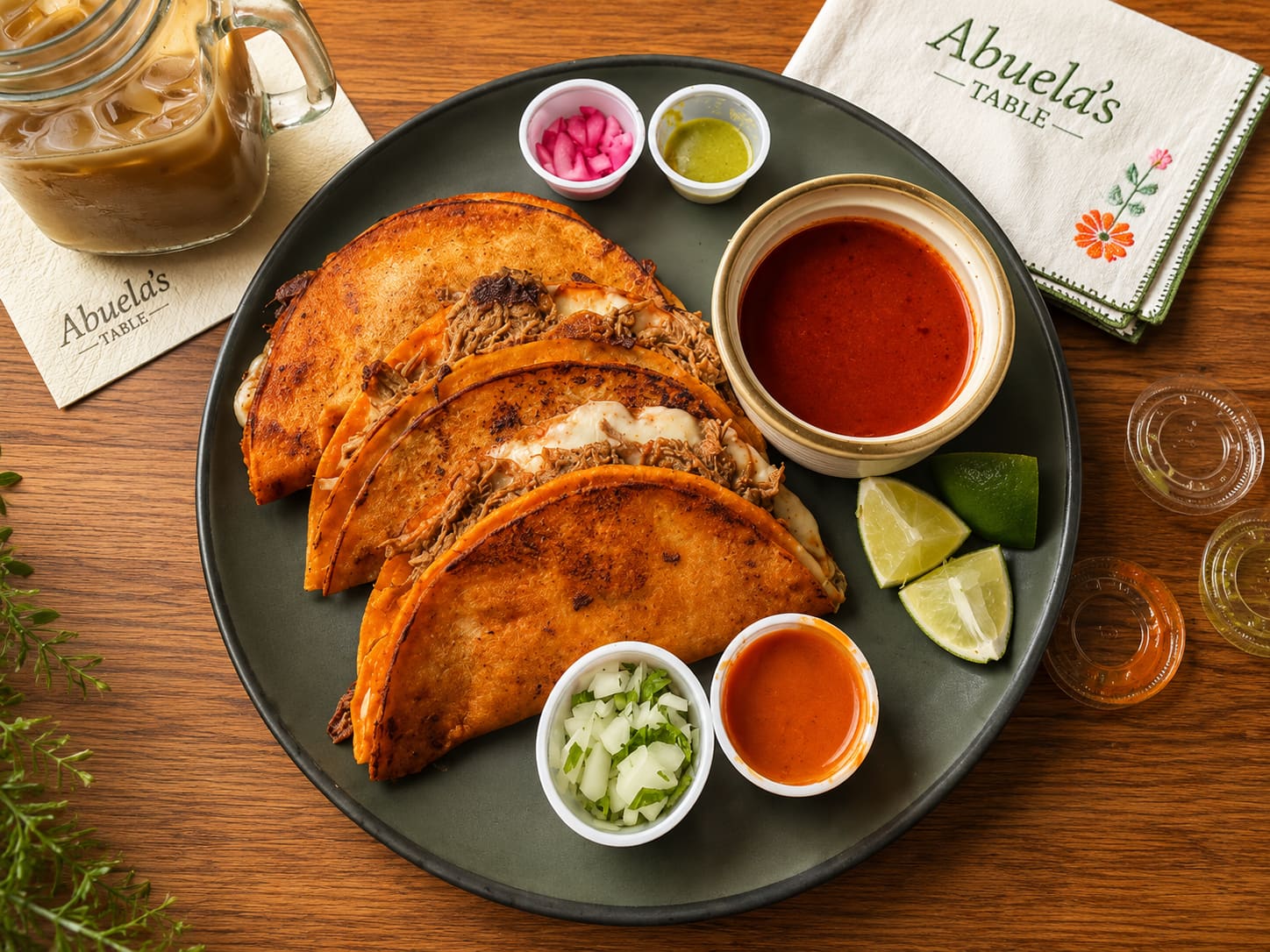 Three crisp birria tacos on a dark plate with a bowl of consommé, lime wedges, pickled onion and salsa.